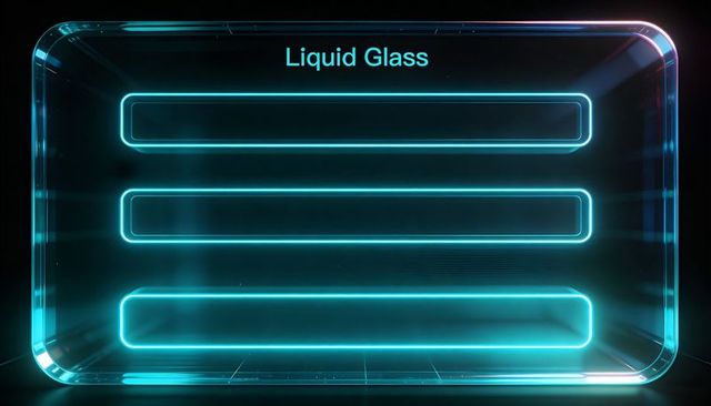 Futuristic liquid glass display panel with neon cyan bars, holographic ui, tech glow