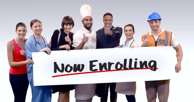 Diverse Group Portraying Various Professions Holding Enrollment Sign - Download Free Stock Images Pikwizard.com