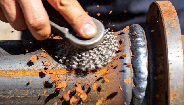 Removing rust with wire cup brush on steel pipe near weld bead close-up industrial repair