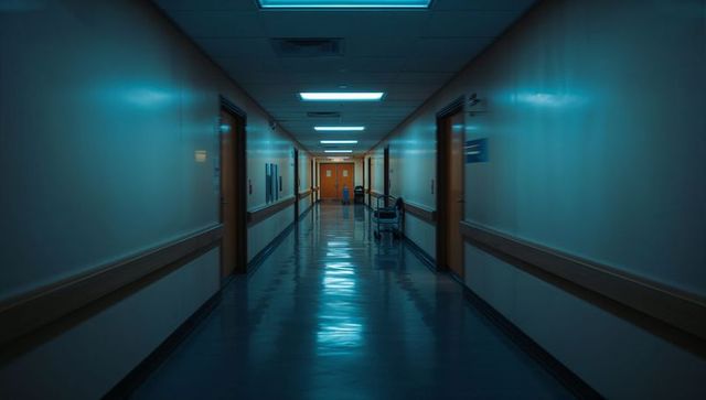 Empty narrow hospital corridor leading to double doors with wheelchair and service cart