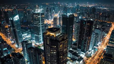 Nighttime City Skyline with Illuminated Architecture and Light Trails