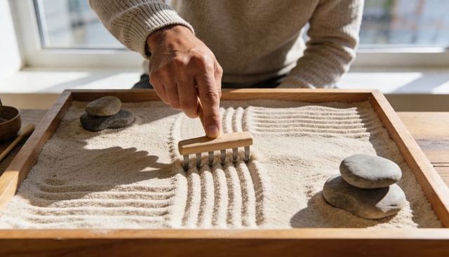 Hand raking zen garden sand with wooden rake and stacked stones for mindful calm