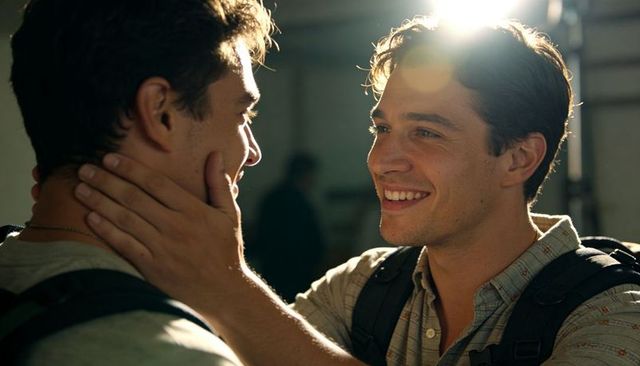 Two Men Smiling and Embracing with Backlit Glow and Lens Flare, Casual Intimate Moment