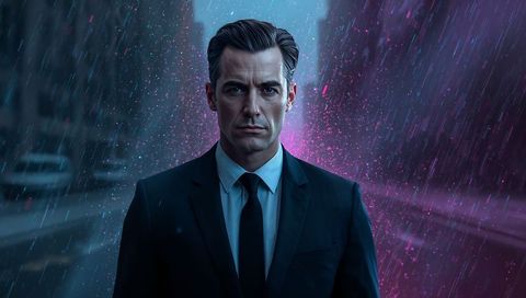 Nocturnal executive standing in neon rain on city street, cinematic moody portrait