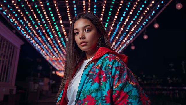 Portrait of woman in floral jacket with nighttime city light display