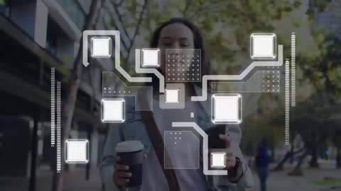 Commuter woman interacting with augmented reality HUD while checking smartwatch on sidewalk