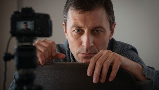 Contemplative Man Leaning on Chair Showing Wedding Ring Recording with Mirrorless Camera