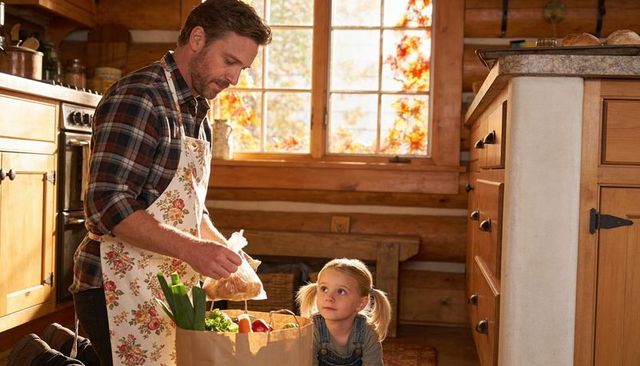 Father unpacking groceries with daughter in cozy rustic kitchen sunlit autumn morning