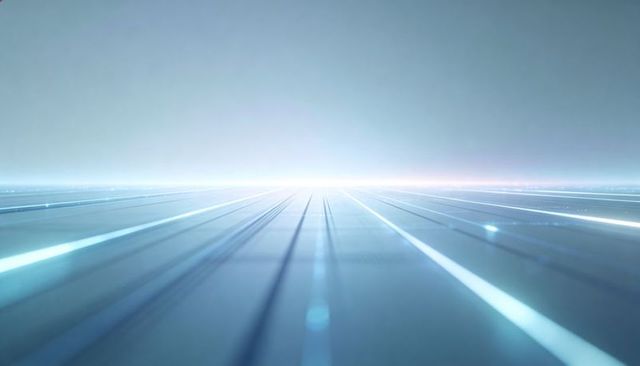 Glowing futuristic reflective grid plane leading to horizon with light lines and lens flares