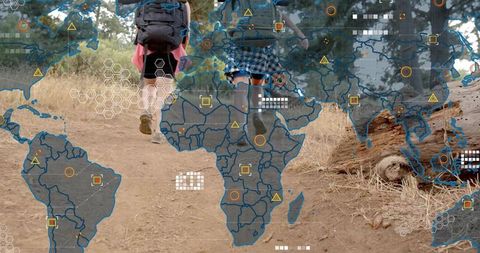 Female hikers walking dirt trail with backpacks and hiking boots, world map data overlay