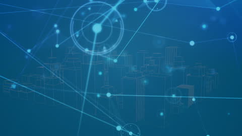 Digital Network Connections Over Abstract Cityscape in Blue