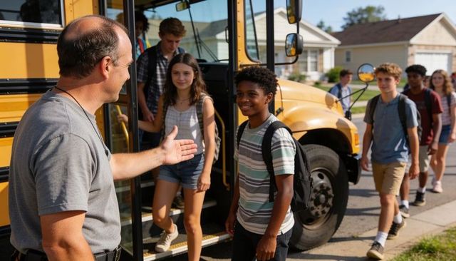 Students exiting school bus greeting driver during morning drop-off suburban neighborhood