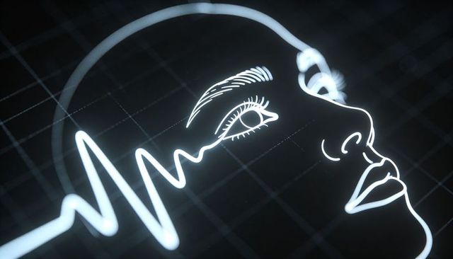 Glowing neon ecg line forming female profile on dark grid background