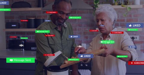 Senior Couple Cooking Together with Social Media Interaction Overlay