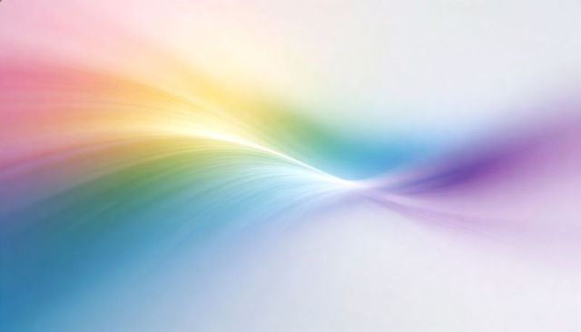 Flowing multicolor ribbon wave with radiant center glow, pastel gradient feathered streaks