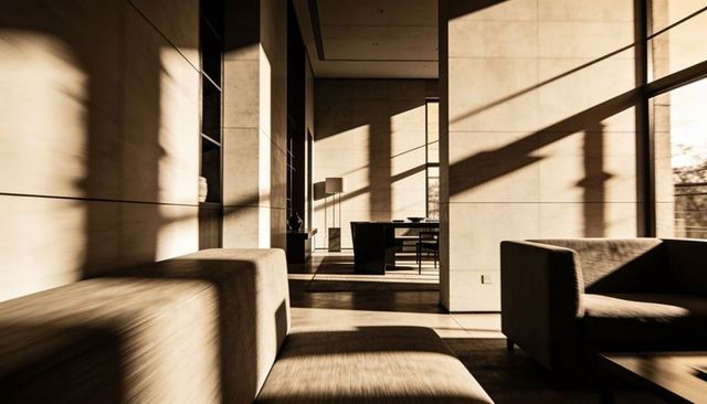 Minimalist Lounge with Dramatic Sunlight, Concrete Walls and Bold Architectural Shadows