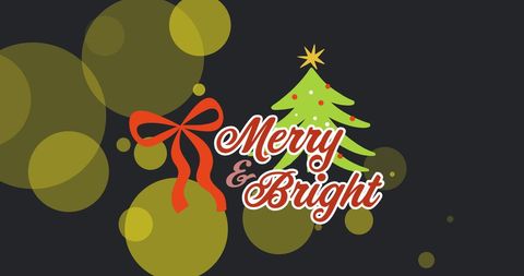 stylized image featuring christmas greetings 'merry & bright' in decorative font next to a festive tree and ribbon on dark background. bright, colorful circles add celebratory feel. ideal for holiday greeting cards, social media posts, digital banners, or festive emails.