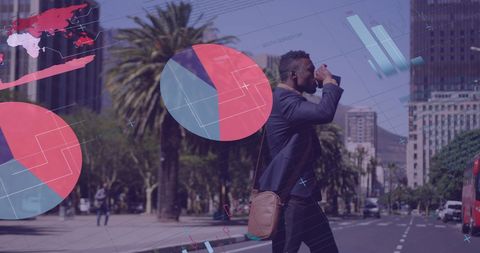 Businessman Walking Amidst Data Visual Charts in Urban Environment