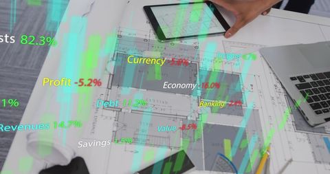Hands Touching Interactive Financial Data and Architectural Plans on Desk - Download Free Stock Images Pikwizard.com