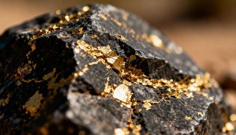 Macro gold-bearing ore revealing metallic gold veins on dark rock for luxury and geology