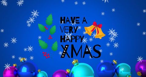 Festive Christmas Greetings with Baubles and Snowflakes on Blue