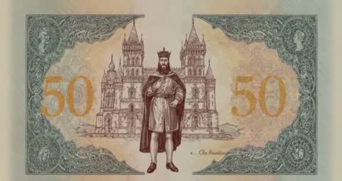 Exploring Details of Ornate Currency Note with Imaginary Monarch and Castle