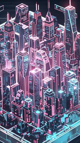 Vertical Cyberpunk City Rotating Neon Towers Over Grid With Pulsing Lights Futuristic Glow