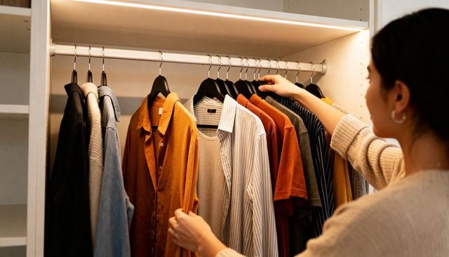 Woman choosing clothes in organized wardrobe with warm lighting and neutral tones