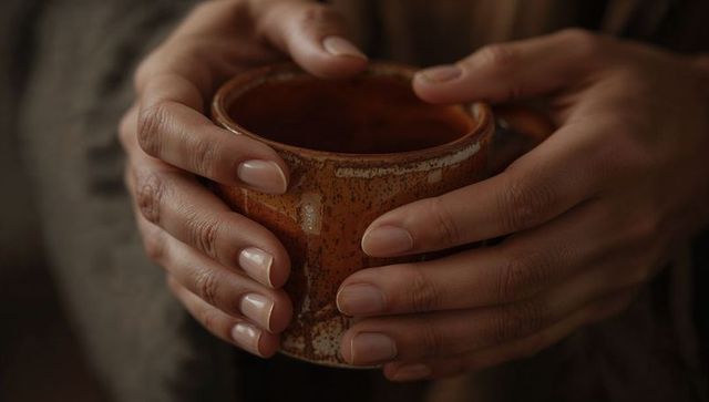Adult hands cradling speckled ceramic mug warming cozy beverage, earth-tone comfort