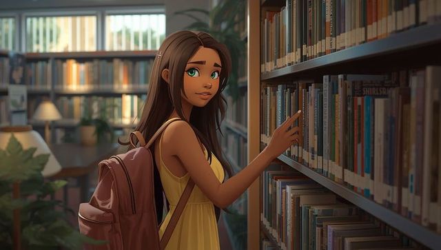 Teen student reaching for book in library