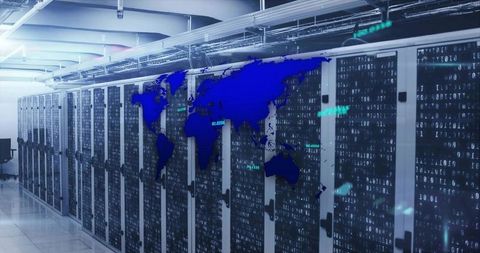 Futuristic Data Center with Digital World Map and Code Streams