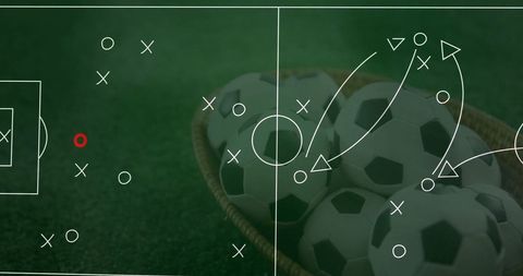 Soccer Strategy Diagram with Soccer Balls on Green Turf Background