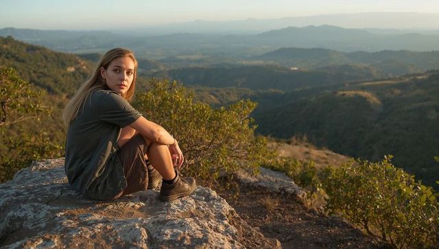 Young woman sitting on rocky ledge overlooking expansive mountain valley at golden hour