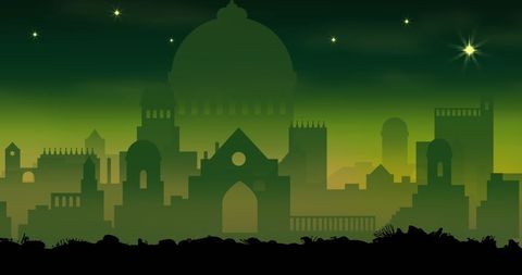 Serene Nighttime Cityscape Under Starry Sky with Silhouette Buildings