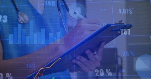 Nurse writing on clipboard with healthcare data overlay