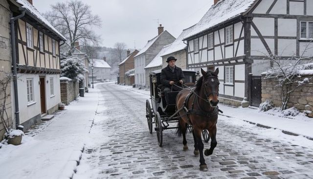 Horse-drawn carriage passing snow-covered cobblestone street in historic timbered village