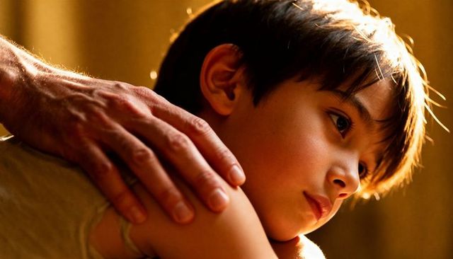 Warm tender moment between asian child and caregiver hand resting on shoulder in soft golden light