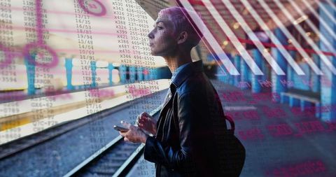Using smartphone pink-haired commuter on urban platform with code overlay and neon reflections