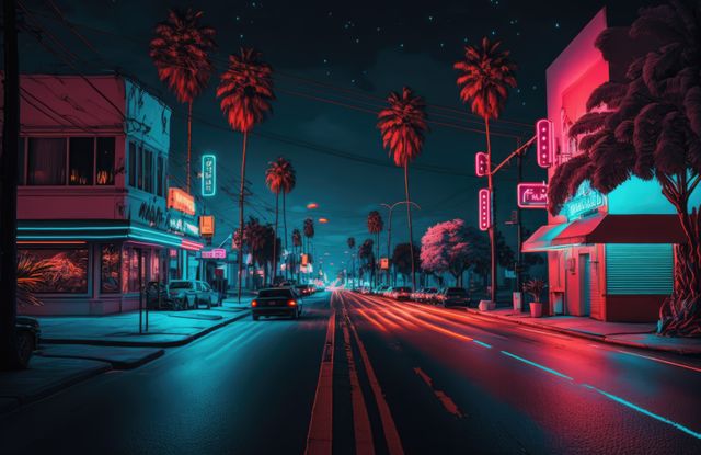 Neon signs and palm trees line an urban street at night, creating a futuristic glow. Ideal for illustrating night cityscapes, urban lifestyle, futurism, and neon aesthetics. Perfect for use in blog posts, websites, promotional materials, and digital artwork requiring a contemporary, vibrant city night theme.