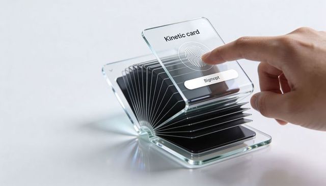 Touching transparent kinetic card unlocking fingerprint authentication on glass interface
