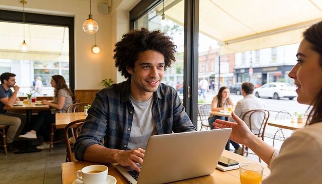 Young man collaborating at urban cafe with laptop and coffee, casual remote work lifestyle