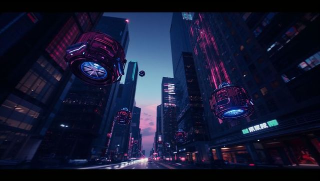 Futuristic drones hover over neon-lit cityscape