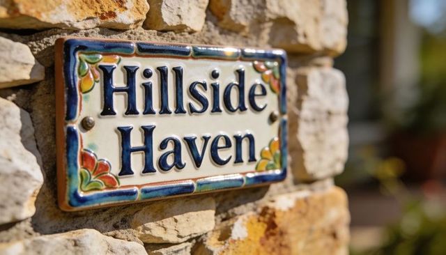 Hillside haven ceramic house plaque mounted on rustic stone wall with floral tiles