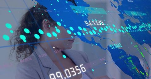 Businesswoman Studying Global Data on Futuristic Holographic Analytics Dashboard