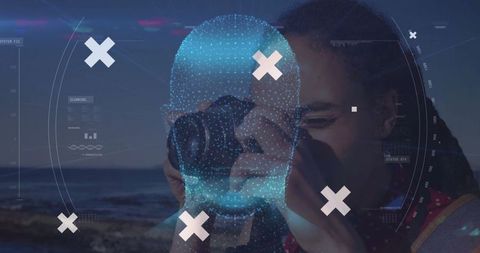 Futuristic overlay with female photographer exploring rocky shore