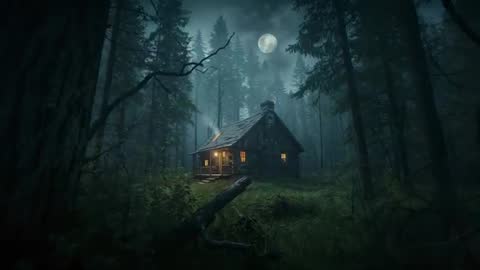 Serene Cabin in Moonlit Mysterious Forest Clearing