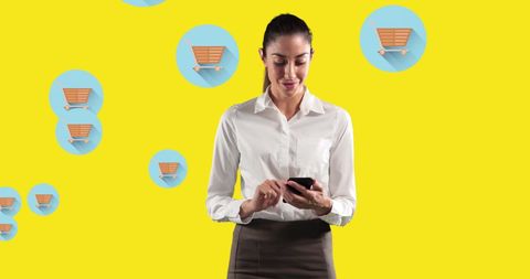 Woman Using Smartphone with Shopping Cart Icons on Yellow Background