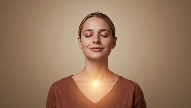 Smiling woman meditating with glowing sternum light, calm mindfulness portrait
