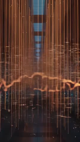 Descending Data Streams with Pulsing Waveform in Futuristic Vertical Corridor Video