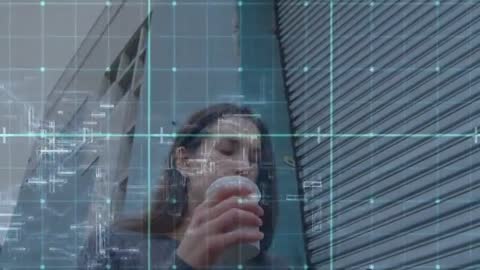 Modern Lifestyle Man Interacting with Technology Grid While Enjoying Coffee